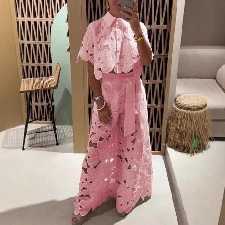 Women’s Lace Two-Piece Set – Floral Wide-Leg Pants & Crop Top