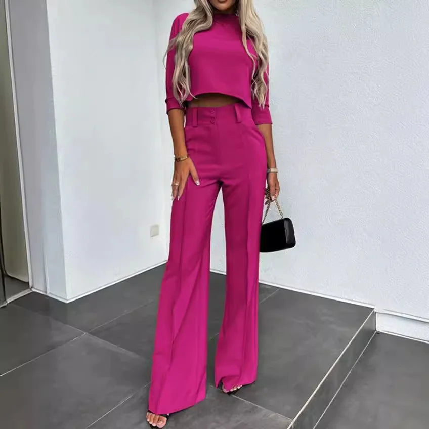 Women’s Two-Piece Pants Set – Tailored Crop Top & Wide-Leg Trousers