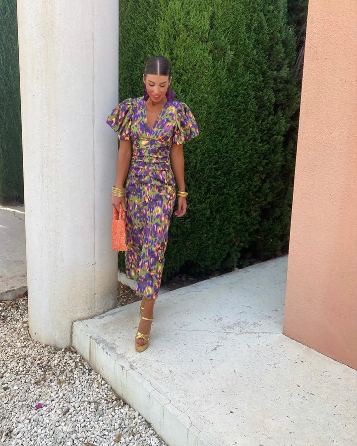 Women’s Floral Puff-Sleeve Dress – Bold Color & Modern Elegance