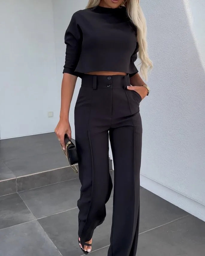 Women’s Two-Piece Pants Set – Tailored Crop Top & Wide-Leg Trousers