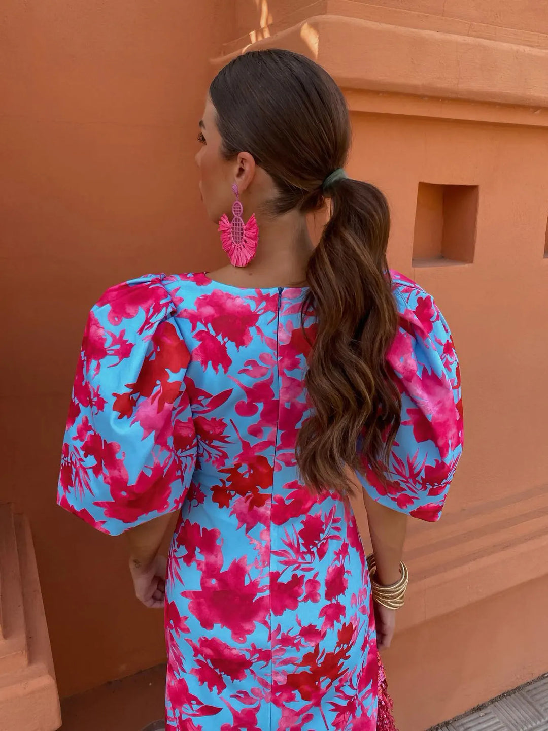 Women’s Floral Puff-Sleeve Dress – Bold Color & Modern Elegance