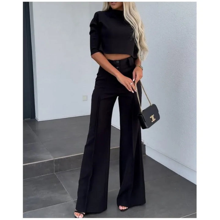 Women’s Two-Piece Pants Set – Tailored Crop Top & Wide-Leg Trousers