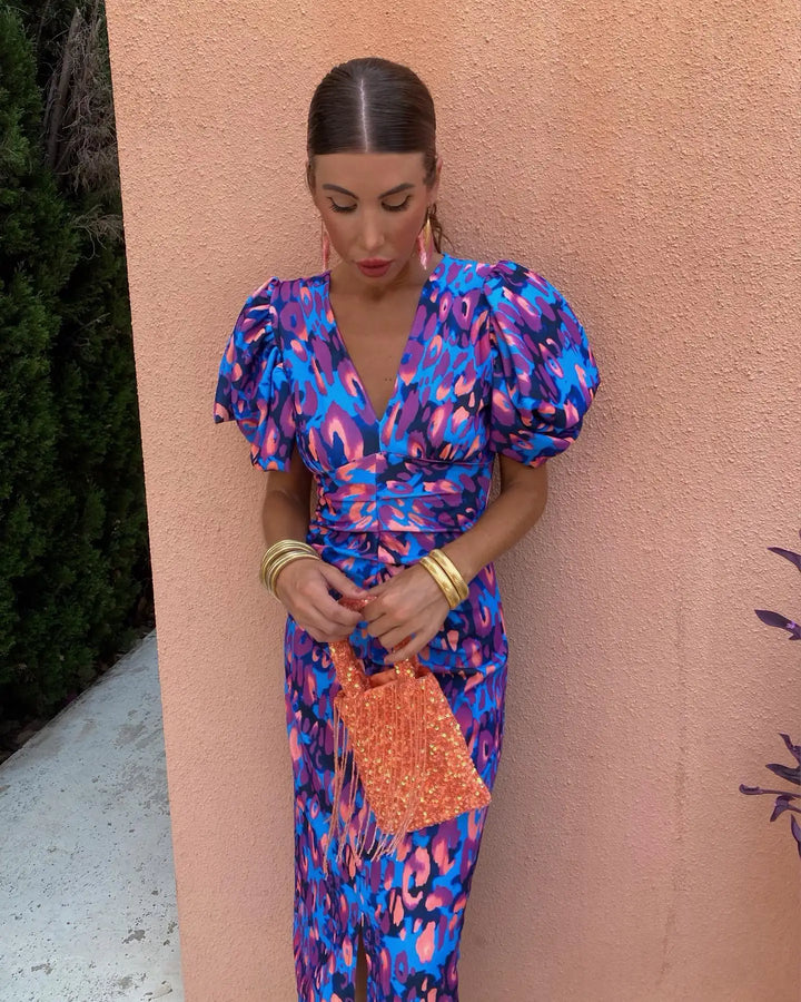 Women’s Floral Puff-Sleeve Dress – Bold Color & Modern Elegance