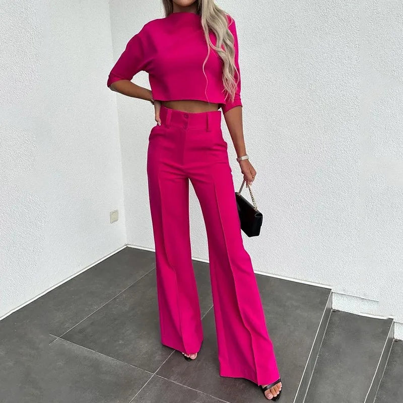 Women’s Two-Piece Pants Set – Tailored Crop Top & Wide-Leg Trousers