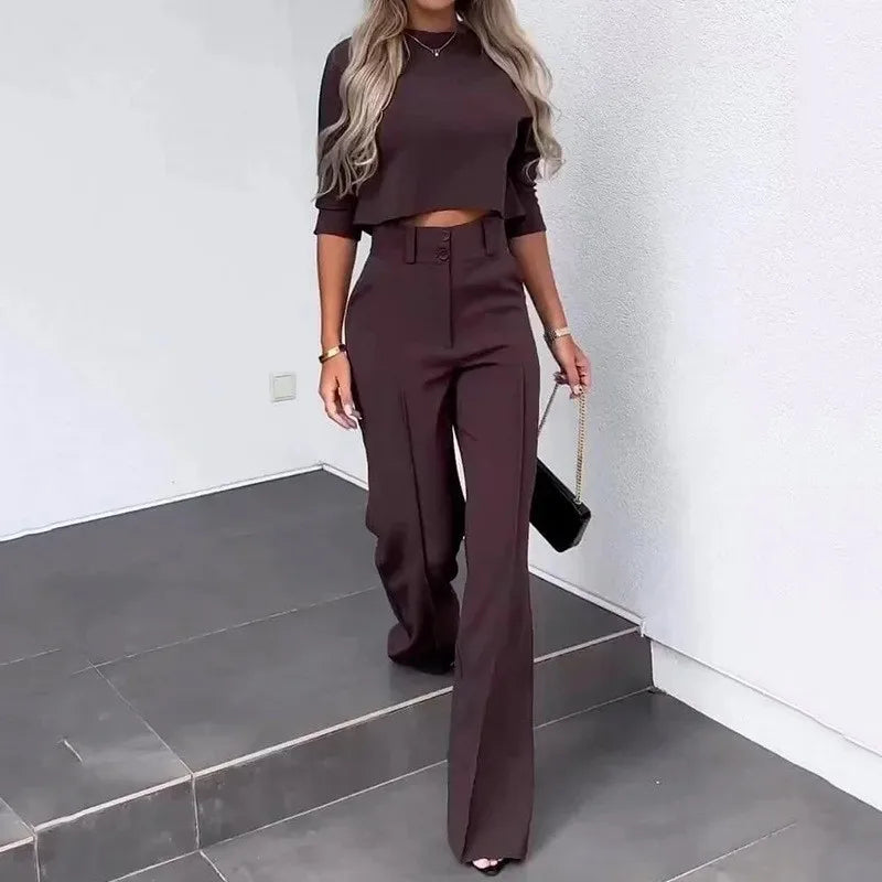Women’s Two-Piece Pants Set – Tailored Crop Top & Wide-Leg Trousers