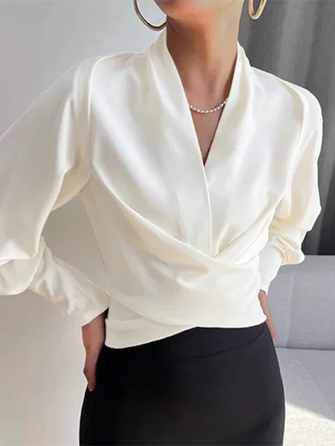Women’s Elegant Wrap Blouse with Puff Sleeves – Flattering Fit & Timeless Style