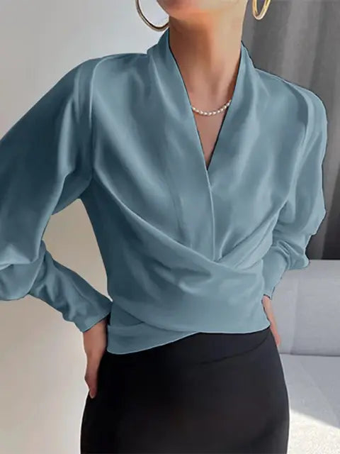 Women’s Elegant Wrap Blouse with Puff Sleeves – Flattering Fit & Timeless Style