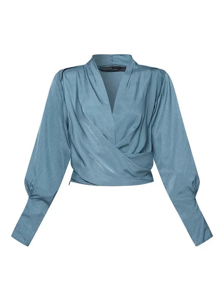 Women’s Elegant Wrap Blouse with Puff Sleeves – Flattering Fit & Timeless Style