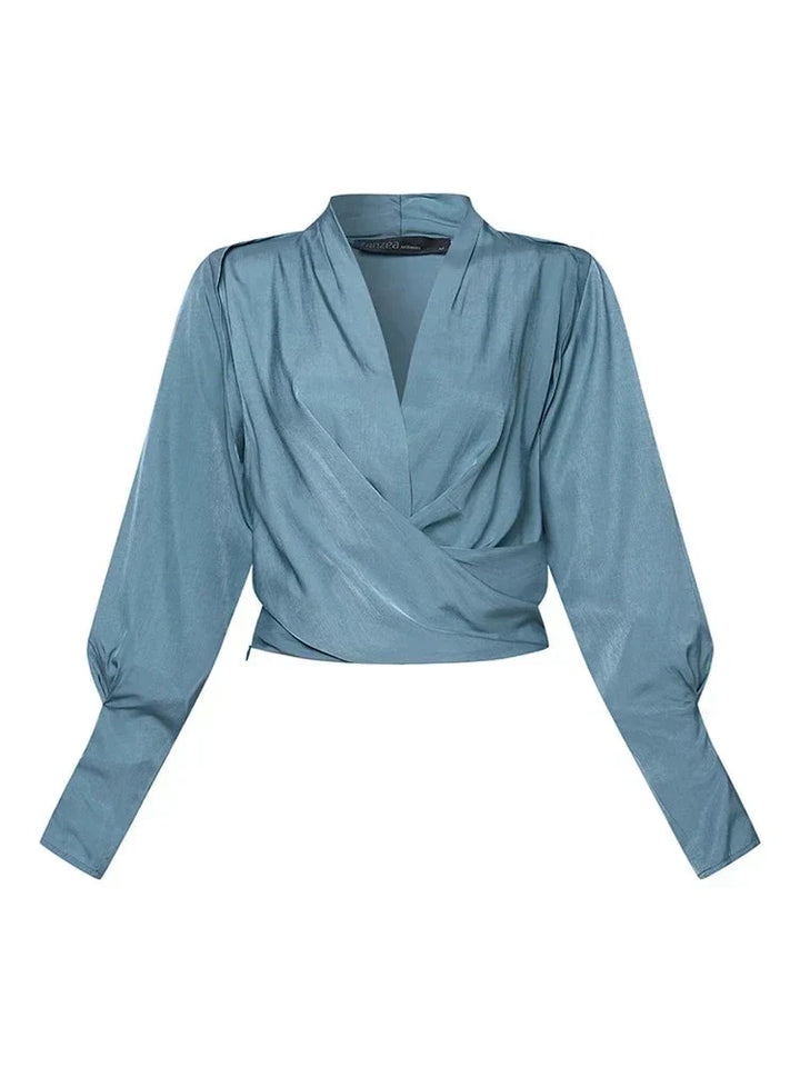 Women’s Elegant Wrap Blouse with Puff Sleeves – Flattering Fit & Timeless Style