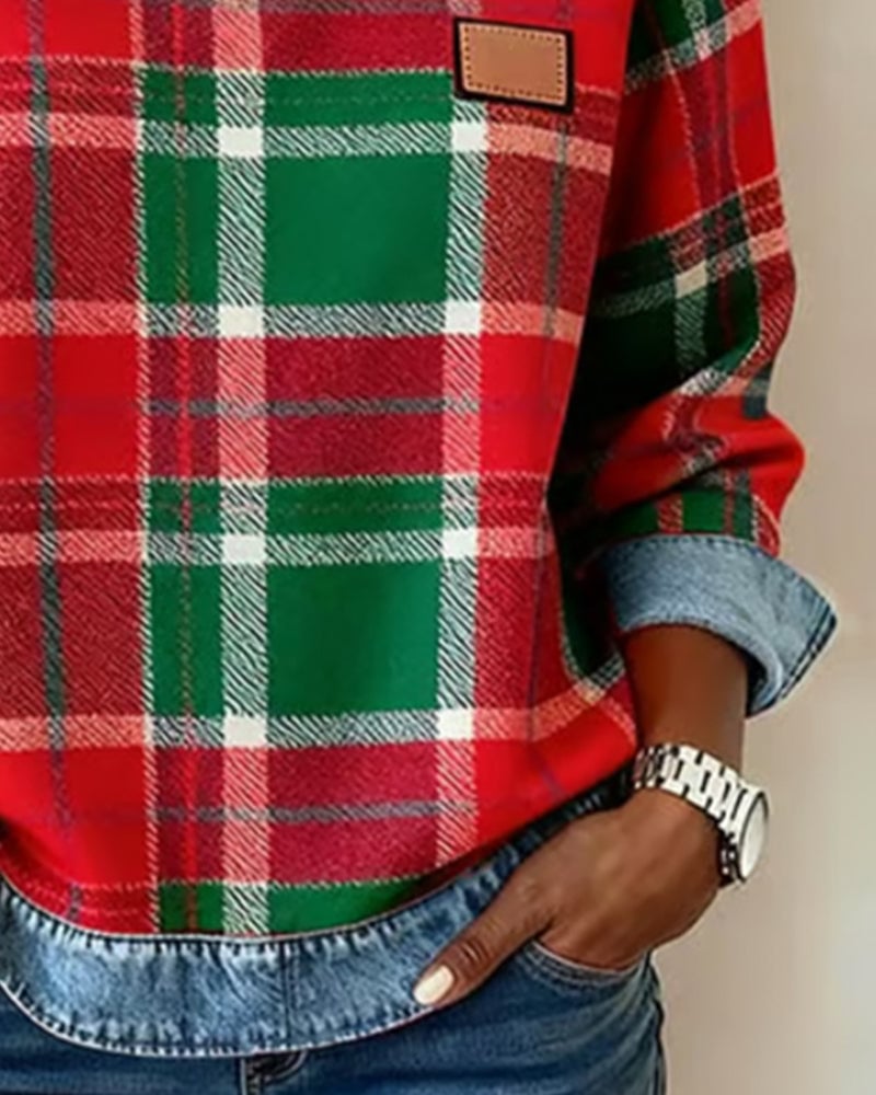Women’s Plaid Patchwork Sweatshirt – Casual Comfort with a Modern Twist