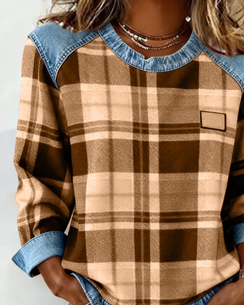 Women’s Plaid Patchwork Sweatshirt – Casual Comfort with a Modern Twist