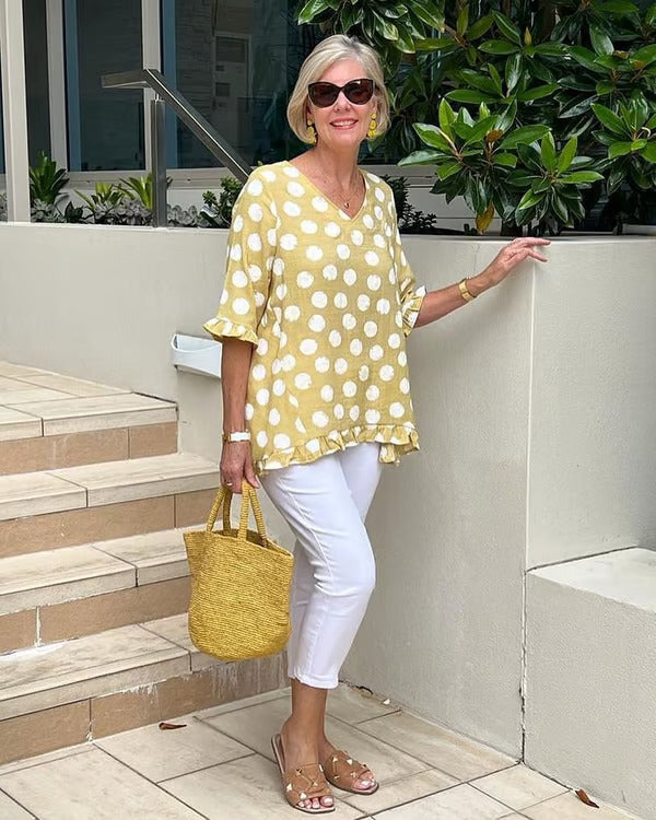 Women’s Polka Dot V-Neck Blouse – Relaxed Elegance & Everyday Comfort
