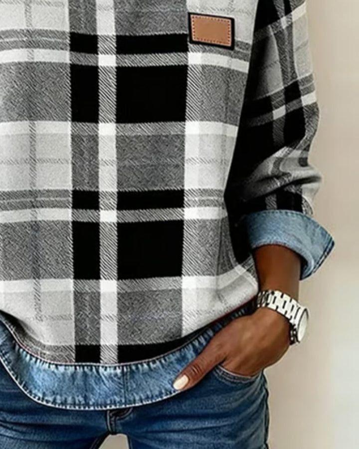 Women’s Plaid Patchwork Sweatshirt – Casual Comfort with a Modern Twist