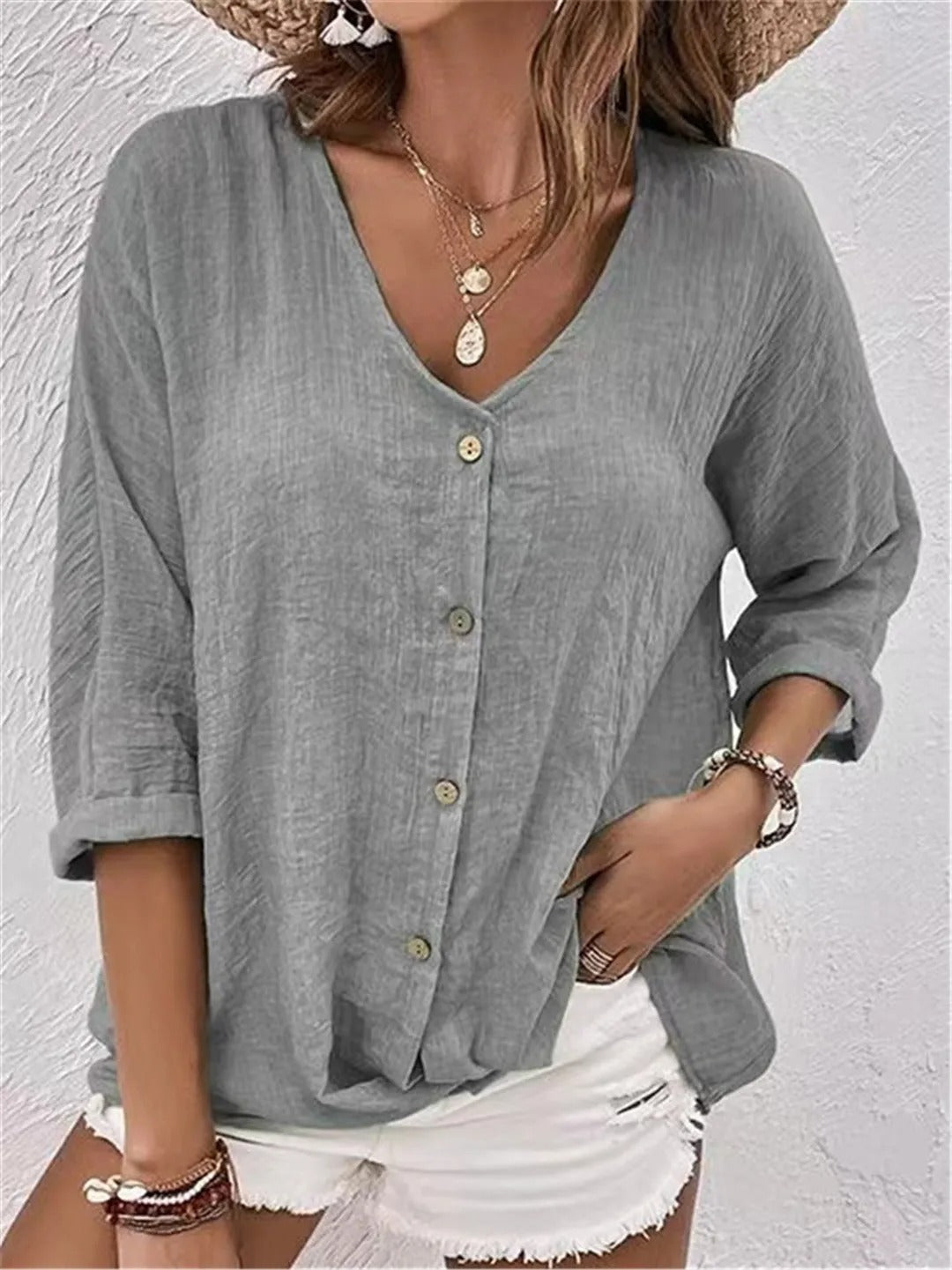 Effortless V-Neck Button-Up Top – Relaxed Style & Everyday Ease