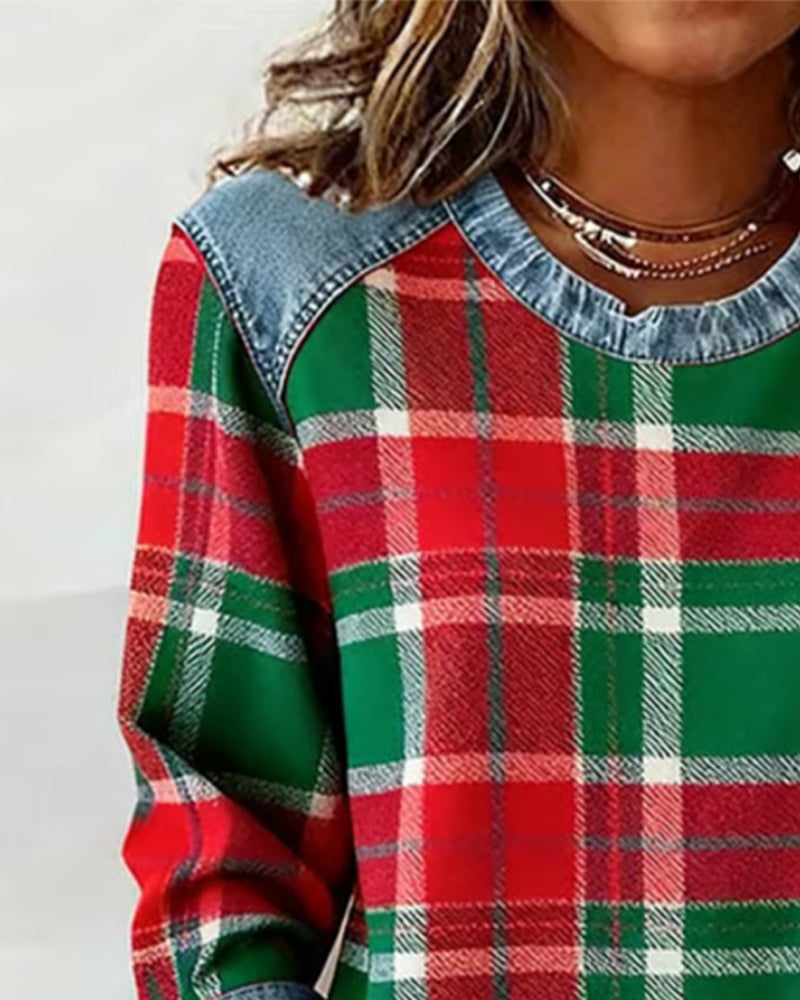 Women’s Plaid Patchwork Sweatshirt – Casual Comfort with a Modern Twist