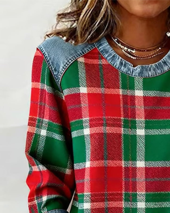 Women’s Plaid Patchwork Sweatshirt – Casual Comfort with a Modern Twist