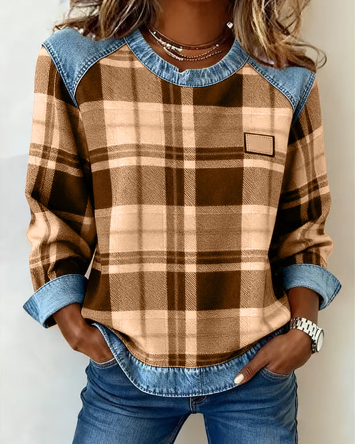Women’s Plaid Patchwork Sweatshirt – Casual Comfort with a Modern Twist