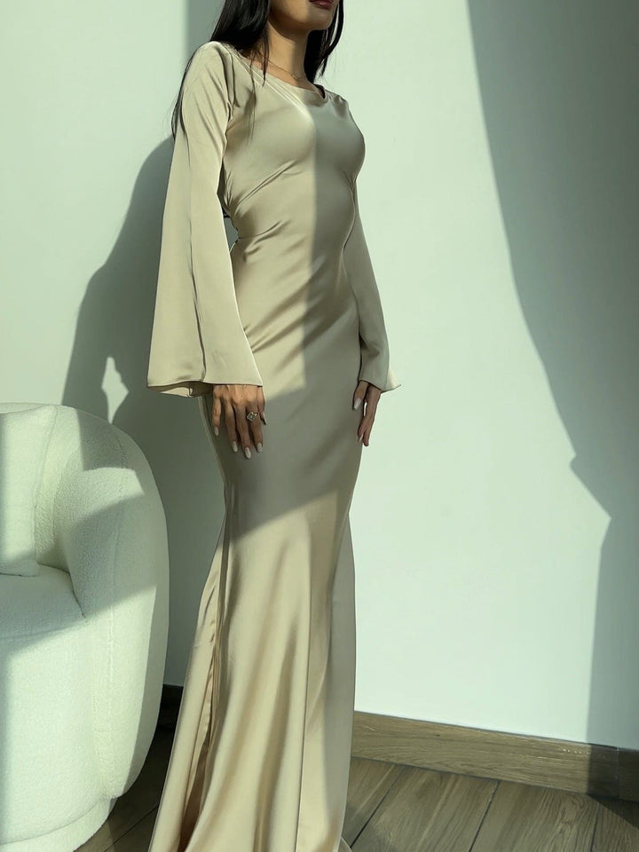 Women’s Satin Maxi Dress – Long Sleeve Evening Elegance