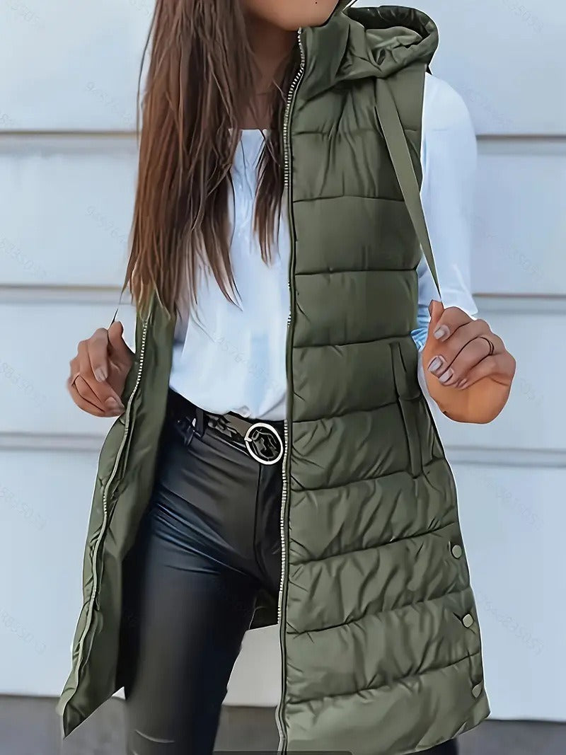 Women Autumn–Winter Casual Quilted Hooded Long Bodywarmer