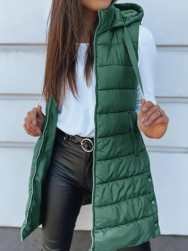 Women Autumn–Winter Casual Quilted Hooded Long Bodywarmer