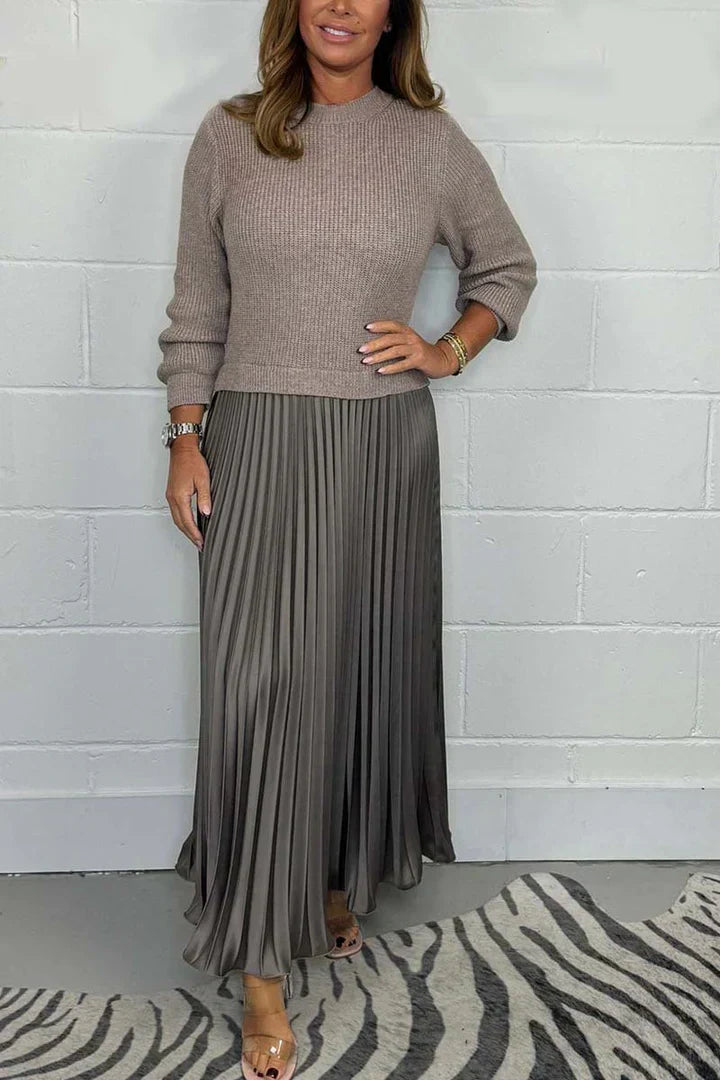 Women’s Knit Sweater & Pleated Maxi Skirt Set – Effortless Comfort & Everyday Polish