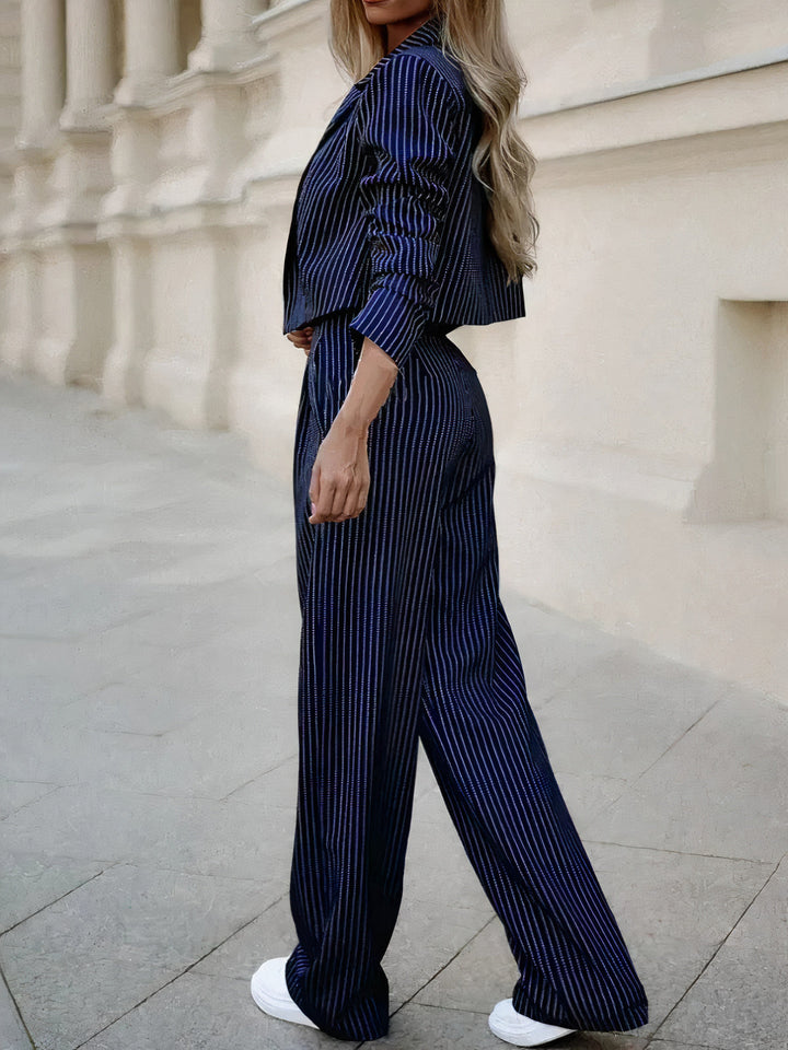 Women’s Pinstripe Pantsuit – Cropped Blazer & Wide-Leg Pants