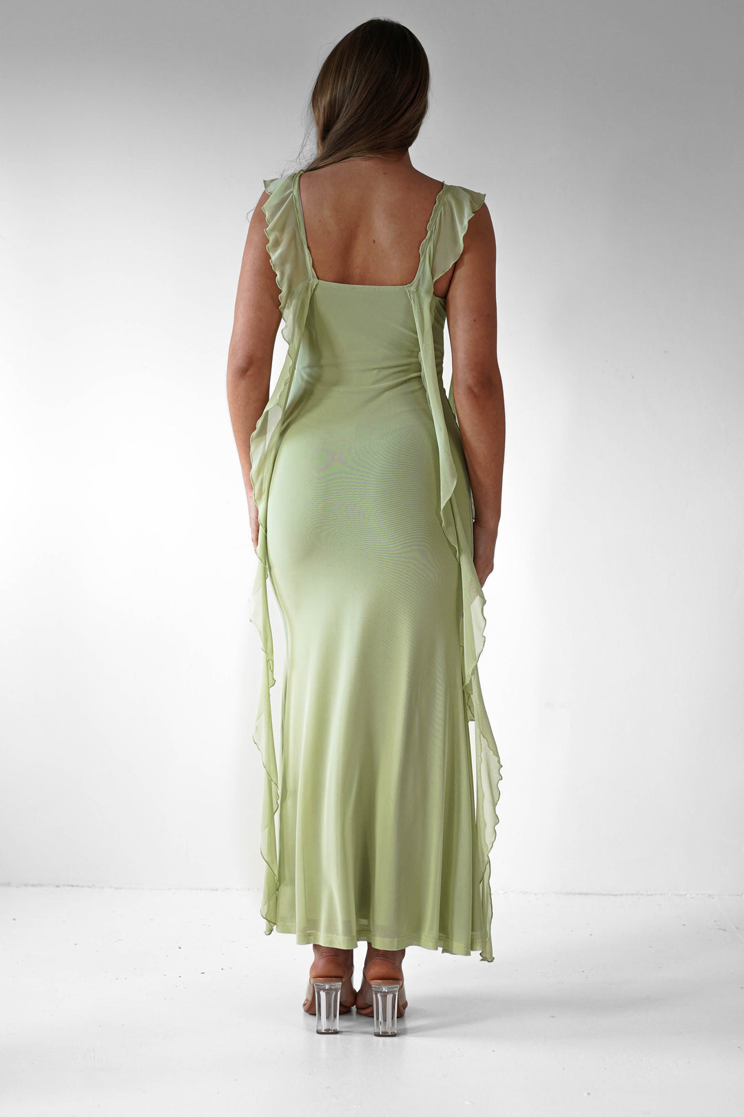 Women’s Pistachio Ruffle Midaxi Dress – Soft Elegance & Flowy Silhouette
