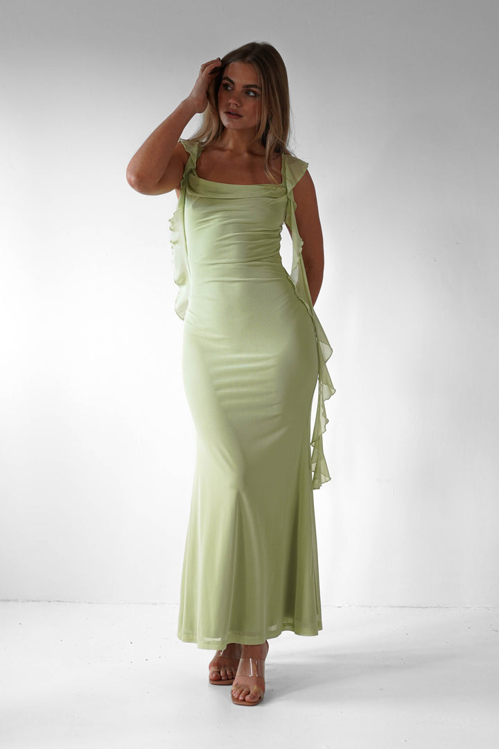 Women’s Pistachio Ruffle Midaxi Dress – Soft Elegance & Flowy Silhouette