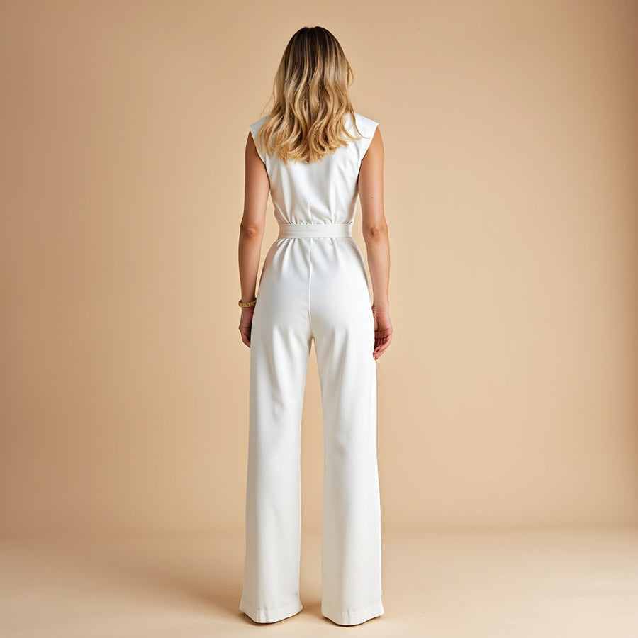 Women’s Wide-Leg Jumpsuit – Sleek Belted Waist & Modern Neckline