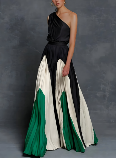 Women Formal Evening Asymmetrical Pleated Maxi Dress