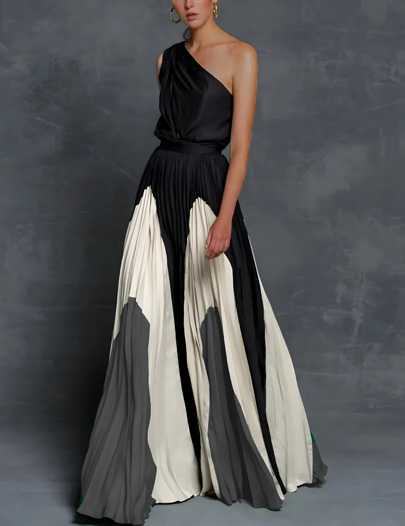 Women Formal Evening Asymmetrical Pleated Maxi Dress