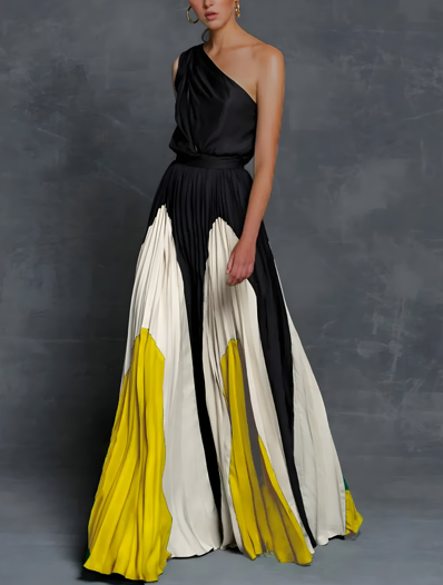 Women Formal Evening Asymmetrical Pleated Maxi Dress