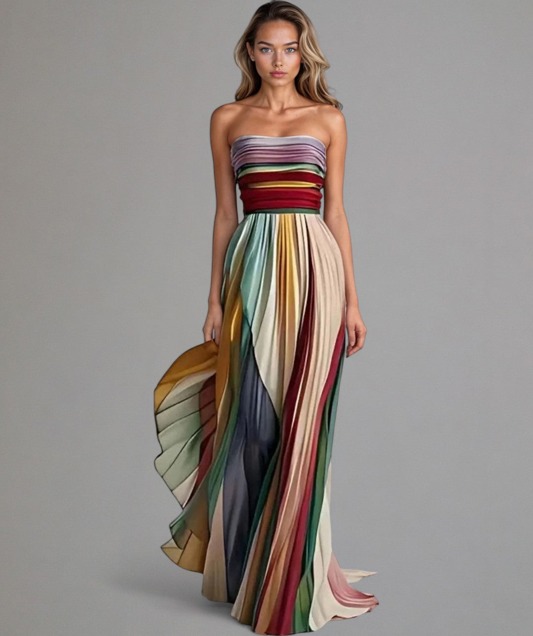 Women’s Strapless Rainbow Pleated Maxi Dress – Flowing Color & Timeless Glamour