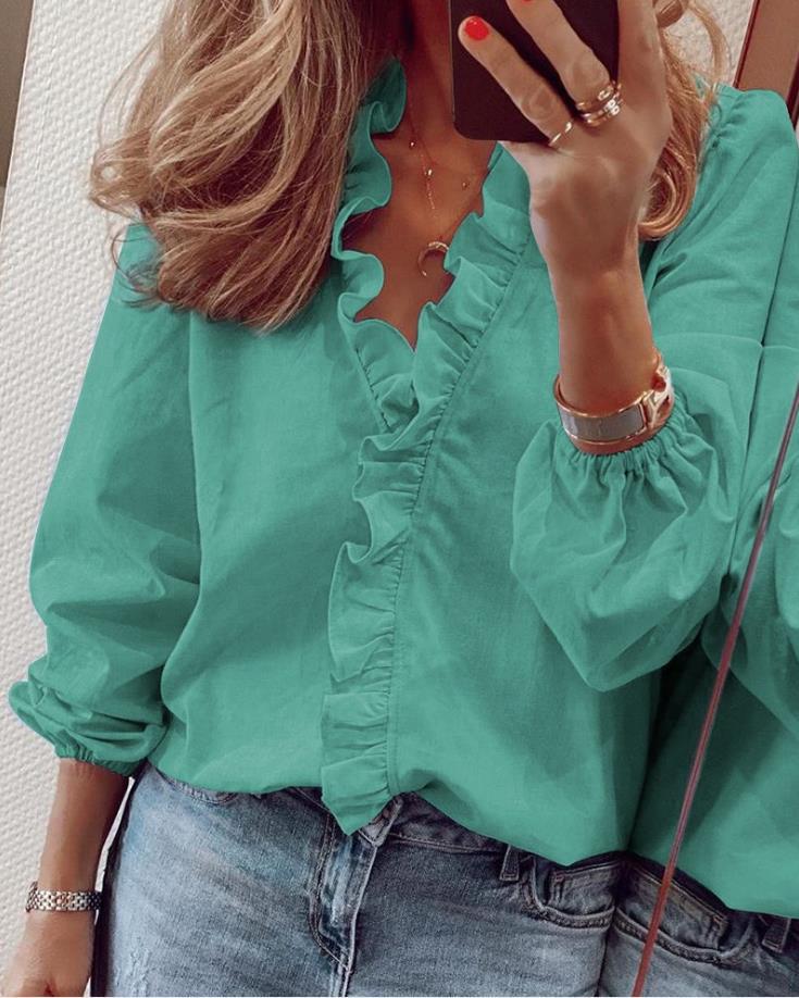 Women’s Ruffled V-Neck Blouse – Romantic Elegance with Modern Chic