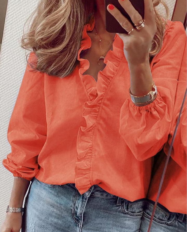 Women’s Ruffled V-Neck Blouse – Romantic Elegance with Modern Chic